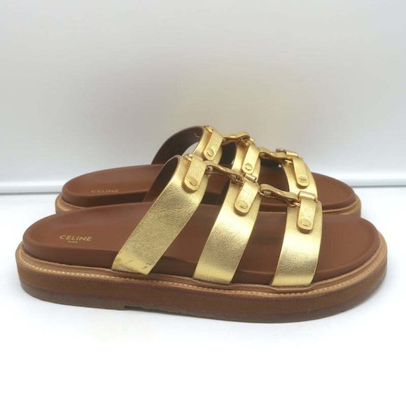 Celine Tippi Triomphe Slide Sandals Gold Metallic Leather Size 40 NEW - Picture 3 of 12